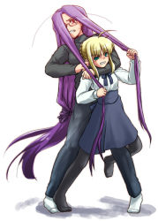 Rule 34 | 00s, 2girls, artoria pendragon (all), artoria pendragon (fate), blonde hair, blouse, blunt bangs, catfight, cea se, choke hold, clenched teeth, d:, d:&lt;, fate/stay night, fate (series), female focus, fighting, girlfight, glasses, grabbing another&#039;s hair, green eyes, hair bun, long hair, low-tied long hair, medusa (fate), medusa (rider) (fate), multiple girls, no shoes, open mouth, pantyhose, ponytail, purple hair, red eyes, saber (fate), shirt, simple background, single hair bun, skirt, socks, standing, strangling, teeth, thighhighs, track suit, v-shaped eyebrows, very long hair, white background