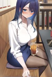 Rule 34 | 1girl, 1other, bar (place), blue eyes, blue hair, blue skirt, blush, breasts, chopsticks, cleavage, closed mouth, collarbone, collared shirt, colored inner hair, cup, drink, highres, holding, holding cup, holding drink, ice, ice cube, indoors, large breasts, mole, mole on breast, multicolored hair, original, pencil skirt, plate, purple hair, shirt, skirt, solo focus, udon (udonalium), white shirt