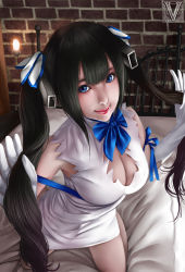 Rule 34 | 1girl, absurdres, bed, black hair, blue eyes, bow, breasts, brick wall, cleavage, cleavage cutout, clothing cutout, cosplay, derivative work, dress, dungeon ni deai wo motomeru no wa machigatteiru darou ka, duong tich vi, gloves, hair ornament, hair ribbon, hestia (danmachi), highres, kneeling, lips, long hair, looking at viewer, making-of available, on bed, realistic, rei no himo, ribbon, sleeveless, sleeveless dress, solo, twintails, watermark