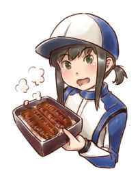 Rule 34 | 1girl, baseball cap, bento, black hair, commentary request, cropped torso, drooling, fish (food), fubuki (kancolle), green eyes, grilled eel, hat, kantai collection, karasu (naoshow357), long hair, looking at viewer, low ponytail, official alternate costume, ponytail, racing suit, short ponytail, sidelocks, simple background, solo, two-tone headwear, upper body, white background