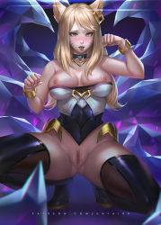 Rule 34 | 1girl, ahri (league of legends), animal ears, bad id, bad pixiv id, bare shoulders, blonde hair, blush, bracelet, breasts, censored, choker, cleavage, facial mark, fox ears, heart, heart choker, idol, jewelry, k/da (league of legends), k/da ahri, league of legends, long hair, looking at viewer, makeup, medium breasts, nipples, open mouth, patreon username, paw pose, pussy, pussy juice, smile, solo, spread legs, squatting, thighhighs, unfairr, watermark, web address, whisker markings, yellow eyes