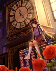 Rule 34 | 1girl, absurdres, backlighting, blue eyes, blunt bangs, blurry, book, bow, brown hair, center frills, clock, collared shirt, commentary request, dated, depth of field, drawer, flower, frills, from below, full body, grandfather clock, hair bow, high-waist skirt, highres, hime cut, indoors, kneehighs, light rays, long hair, looking at viewer, mini person, minigirl, neck ribbon, no shoes, original, painting (object), parted lips, pixiv id, pleated skirt, puffy short sleeves, puffy sleeves, qi==qi, red bow, red flower, red ribbon, red rose, red skirt, ribbon, roman numeral, rose, shirt, shirt tucked in, short sleeves, signature, sitting, skirt, socks, solo, striped, striped ribbon, sunlight, tareme, time, very long hair, white shirt, white socks, window