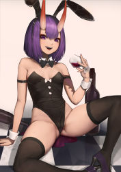 Rule 34 | 1girl, alcohol, animal ears, arm strap, bare shoulders, black bow, black bowtie, black leotard, black thighhighs, bob cut, bottle, bow, bowtie, breasts, cup, detached collar, drinking glass, fake animal ears, fangs, fate (series), gluteal fold, high heels, highleg, highleg leotard, highres, holding, holding cup, horns, leotard, ola (bunnyfly), oni, open mouth, playboy bunny, purple eyes, purple footwear, purple hair, rabbit ears, short hair, shuten douji (fate), sitting, skin-covered horns, small breasts, smile, spill, spread legs, thighhighs, thighs, wine, wine bottle, wine glass, wrist cuffs