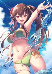 Rule 34 | .live, 1girl, :d, amanuki-san, bikini, blue sky, bow, breasts, brown hair, cloud, commentary request, cowboy shot, flower, frilled bikini, frills, from below, green bikini, hair between eyes, hair flower, hair ornament, hair scrunchie, hibiscus, long hair, looking at viewer, medium breasts, navel, open mouth, outdoors, outstretched arms, red eyes, red flower, scrunchie, sky, smile, solo, standing, stomach, swimsuit, thigh strap, twintails, very long hair, virtual youtuber, wading, water, wet, wrist cuffs, yaezawa natori, yellow bow