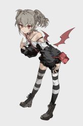 Rule 34 | 1girl, absurdres, bare shoulders, black footwear, black jacket, black skirt, black thighhighs, boots, collar, demon wings, expressionless, full body, grey background, grey hair, hand up, highres, jacket, jiaenn, leaning forward, long sleeves, looking at viewer, makaino ririmu, makaino ririmu (2nd costume), nijisanji, no horns, off shoulder, official alternate costume, parted lips, pointy ears, red collar, red eyes, red wings, short hair, short twintails, simple background, skirt, solo, standing, striped clothes, striped thighhighs, thighhighs, twintails, virtual youtuber, white thighhighs, wings