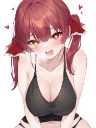 Rule 34 | 1girl, bare shoulders, black panties, blush, breasts, cleavage, collarbone, hair ribbon, heart, heart-shaped pupils, heterochromia, highres, holika baby, hololive, houshou marine, large breasts, long hair, looking at viewer, navel, open mouth, panties, red eyes, red hair, ribbon, shirt, sleeveless, sleeveless shirt, solo, spaghetti strap, steam, symbol-shaped pupils, twintails, underwear, virtual youtuber, white background, yellow eyes