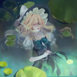 Rule 34 | 1girl, afloat, black hat, black skirt, black vest, blonde hair, blue bow, blue bowtie, bow, bowtie, closed eyes, facing viewer, floating hair, frilled hat, frills, hat, hat bow, highres, kirisame marisa, lily pad, parted lips, puffy short sleeves, puffy sleeves, red lips, rye (hyn uka), short sleeves, skirt, solo, touhou, vest, water, wet, wet clothes, wet hair, white bow