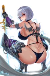 Rule 34 | 1girl, armor, armored boots, armpits, artier&#039;s character, artist request, ass, back, bare shoulders, bikini, bikini armor, black bikini, blade &amp; soul, boots, breasts, butt crack, closed mouth, commission, covered erect nipples, dimples of venus, electricity, from behind, gauntlets, greaves, hair between eyes, halterneck, high heel boots, high heels, highres, holding, holding sword, holding weapon, large breasts, looking at viewer, looking back, mole, mole under eye, red eyes, revealing clothes, second-party source, short hair, shoulder armor, simple background, solo, squatting, string bikini, swimsuit, sword, thigh boots, thighhighs, weapon, white background, white hair