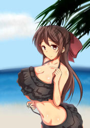 Rule 34 | 10s, 1girl, ahoge, alternate costume, bare shoulders, beach, bikini, black bikini, bow, breasts, brown eyes, brown hair, cleavage, collarbone, day, female focus, from side, fujikusa, groin, hair bow, hair ornament, hair ribbon, hairclip, huge breasts, kantai collection, layered bikini, light smile, long hair, looking at viewer, mamiya (kancolle), navel, ocean, outdoors, profile, red bow, ribbon, sky, solo, standing, summer, swimsuit, underboob, upper body