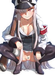 Rule 34 | 1girl, absurdres, armband, belt, black footwear, black hat, bolt action, boots, breasts, censored, cleavage, clothes lift, collarbone, cross, dress, dress lift, female pubic hair, girls&#039; frontline, grin, gun, hair over one eye, hat, high heel boots, high heels, highres, iron cross, kar98k (girls&#039; frontline), large breasts, long hair, long sleeves, looking at viewer, mauser 98, mosaic censoring, no panties, peaked cap, pink eyes, pubic hair, pussy, pussy juice, pussy juice trail, red eyes, rifle, shirt, smile, solo, spread legs, squatting, thigh boots, thighhighs, thore (nathalukpol), underbust, very long hair, weapon, white hair, white shirt, wide sleeves