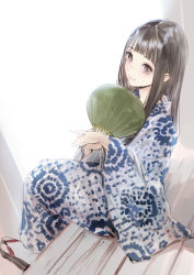 Rule 34 | 1girl, absurdres, alt text, blunt bangs, brown hair, commentary request, hand fan, highres, japanese clothes, kimono, kishida mel, long hair, looking at viewer, original, paper fan, print kimono, sandals, sitting, solo, white background, white legwear, wide sleeves