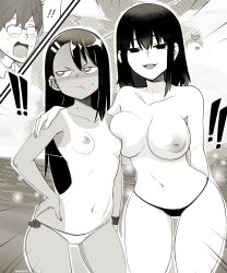 Rule 34 | !, !!, 1boy, 2girls, annoyed, asymmetrical docking, bare arms, bare shoulders, big sis-toro, bikini, black hair, breast press, breasts, collarbone, greyscale, hair between eyes, hand on own hip, highres, ijiranaide nagatoro-san, large breasts, long hair, micro bikini, mole, mole under eye, monochrome, multiple girls, nagatoro hayase, nagatoro misaki, nipples, nonamoth, one-piece tan, open mouth, outdoors, siblings, sisters, skindentation, small breasts, smile, standing, string bikini, swimsuit, tan, tanline, topless, v-shaped eyebrows