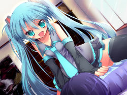 Rule 34 | 1girl, :d, aqua eyes, aqua hair, bed, blush, detached sleeves, dutch angle, hatsune miku, long hair, necktie, open mouth, rankiryuu, sitting, sitting on person, skirt, smile, solo focus, straddling, thighhighs, twintails, very long hair, vocaloid, window