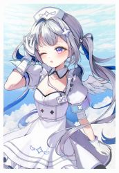 Rule 34 | 1girl, ;o, absurdres, amane kanata, amane kanata (nurse), angel, angel wings, apron, bandaged arm, bandaged wrist, bandages, blue hair, blush, breasts, colored inner hair, cowboy shot, detached collar, dress, feathered wings, gloves, grey hair, hair intakes, hair ornament, hairclip, hat, highres, hololive, id card, long hair, mini wings, multicolored hair, nurse, nurse cap, official alternate costume, official alternate hair length, official alternate hairstyle, one eye closed, open mouth, pink hair, puffy short sleeves, puffy sleeves, purple eyes, ropu (ropu 10), short dress, short sleeves, small breasts, solo, streaked hair, twintails, underbust, virtual youtuber, waist apron, white apron, white dress, white gloves, white wings, wing collar, wings