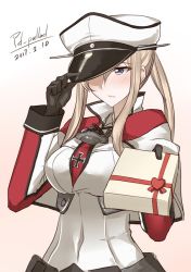 Rule 34 | 10s, 1girl, 2017, adjusting clothes, adjusting headwear, artist name, black gloves, blonde hair, blush, breasts, capelet, chocolate, collar, covered navel, cross, dated, gift, gloves, graf zeppelin (kancolle), grey background, hat, holding, holding gift, iron cross, jacket, kantai collection, large breasts, long sleeves, looking to the side, necktie, pallad, peaked cap, purple eyes, red necktie, solo, twintails, upper body, valentine, white jacket