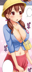 Rule 34 | 1girl, bag, between breasts, blush, bow, breasts, brown hair, cleavage, face, ha-ru, hair bow, hat, kindergarten bag, kindergarten uniform, large breasts, midriff, navel, open mouth, school hat, skirt, solo, sweatdrop, twintails, undersized clothes