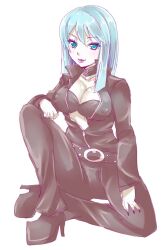 Rule 34 | 1girl, blue eyes, blue hair, breasts, cleavage, closed mouth, covered erect nipples, devil summoner, full body, high heels, highres, large breasts, lipstick, long hair, looking at viewer, makeup, medium breasts, nemissa, pale skin, sakuramau, simple background, smile, solo, soul hackers, white background