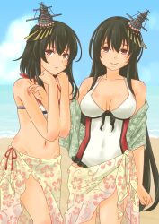 Rule 34 | absurdres, beach, bikini, black hair, blush, breasts, cowboy shot, fusou (kancolle), hair ornament, headgear, highres, kantai collection, long hair, looking at viewer, medium breasts, navel, official alternate costume, one-piece swimsuit, pot-de, red eyes, sand, sarong, short hair, siblings, sisters, smile, swimsuit, white bikini, white one-piece swimsuit, yamashiro (kancolle)