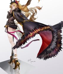 Rule 34 | 1girl, black cape, black dress, black leotard, black nails, black sleeves, blonde hair, bow, breasts, cape, dress, earrings, ereshkigal (fate), et atr3, expressionless, fate/grand order, fate (series), full body, fur-trimmed cape, fur cape, fur trim, gold footwear, gold trim, hair bow, hair ribbon, high heels, highres, hoop earrings, infinity symbol, jewelry, leotard, leotard under clothes, long hair, looking at viewer, looking back, medium breasts, multicolored cape, multicolored clothes, nail polish, parted bangs, red bow, red eyes, ribbon, signature, single thighhigh, solo, thighhighs, tiara, two side up, very long hair