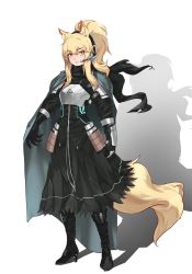 Rule 34 | 1girl, animal ear fluff, animal ears, arknights, armor, black footwear, black shirt, black skirt, blonde hair, boots, bracer, breastplate, cape, chinese commentary, commentary request, fanfanfanlove, full body, grey cape, hair between eyes, headphones, headset, high heel boots, high heels, highres, horse girl, long hair, looking at viewer, nearl (arknights), parted lips, pauldrons, ponytail, shirt, shoulder armor, simple background, skirt, skirt set, solo, standing, tail, white background, yellow eyes