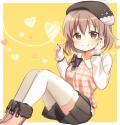 Rule 34 | 10s, 1girl, beret, black bow, black bowtie, black skirt, blouse, boots, bow, bowtie, boyano, breasts, brown eyes, brown hair, drawing, hair between eyes, hand on own cheek, hand on own face, hands up, hat, heart, holding, holding pencil, idolmaster, idolmaster cinderella girls, jewelry, kita hinako, knees up, matching hair/eyes, medium breasts, necklace, pencil, pleated skirt, shirt, short hair, sitting, skirt, solo, thighhighs, white shirt, white thighhighs, yellow background