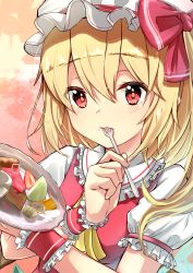 Rule 34 | 1girl, absurdres, arms up, banana, blonde hair, blush, bow, cake, closed mouth, collar, crystal, dress, eating, flandre scarlet, food, fruit, hair between eyes, hands up, hat, hat bow, highres, huge filesize, kiwi (fruit), medium hair, mob cap, multicolored background, orange background, ore-artstudio, pink background, ponytail, puffy short sleeves, puffy sleeves, red bow, red dress, red eyes, red wristband, short sleeves, solo, strawberry, touhou, tray, white collar, white hat, white sleeves, wristband, yellow background, yellow neckwear