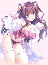 Rule 34 | 1girl, :3, antenna hair, bad id, bad pixiv id, bare shoulders, black panties, blue eyes, blush, bow, breasts, brown hair, cleavage, collarbone, detached collar, fur collar, fur trim, garter straps, hair between eyes, hair bow, hands up, ichinose shiki, idolmaster, idolmaster cinderella girls, jewelry, lab coat, lace, lace-trimmed legwear, lace trim, large breasts, long hair, long sleeves, looking at viewer, necklace, off shoulder, open mouth, panties, paw pose, ribbon-trimmed legwear, ribbon trim, satou satoru, simple background, sleeves past wrists, smile, solo, thighhighs, two side up, underwear, wavy hair, white thighhighs