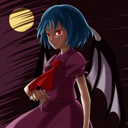 Rule 34 | 1girl, ascot, bad id, bad pixiv id, blue hair, dress, female focus, from side, highres, moon, no headwear, no headwear, outdoors, pink dress, ppr, red ascot, red eyes, remilia scarlet, sky, solo, touhou, wings