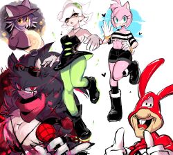 Rule 34 | 1other, 2boys, 2girls, amy rose, animal ears, big nose, black dress, black fur, black tears, blue hair, breasts, buck teeth, cat boy, cat ears, cleavage, cross-shaped pupils, domino&#039;s pizza, double thumbs up, dress, earrings, fake animal ears, front-tie top, furry, furry female, furry male, gloves, green eyes, green pants, grin, hand on own hip, hat, hedgehog, hedgehog boy, hedgehog ears, hedgehog girl, hedgehog tail, highres, jewelry, light bulb, looking at viewer, marie (splatoon), medium breasts, medium hair, microphone, midriff, multiple boys, multiple girls, navel, niko (oneshot), nintendo, off-shoulder shirt, off shoulder, oneshot (game), original, pants, pink fur, prison clothes, quill, rabbit ears, red eyes, red scarf, redx (sonic.exe), scarf, shirt, shoes, shorts, smile, sonic (series), splatoon (series), squid, squid girl, symbol-shaped pupils, teeth, tentacle hair, tentacles, the noid, thick thighs, thighs, thumbs up, usa37107692, very long sleeves, white fur, white hair, wide hips, yellow eyes