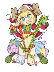 Rule 34 | 10s, 1girl, animal hood, bandaid, bandaid on knee, bandaid on leg, bell, bikini, blush, boots, bow, bowtie, capelet, christmas, commentary, fang, fanta (the banana pistols), full body, fur-trimmed boots, fur trim, gift, girls und panzer, green bow, green bowtie, green footwear, hat, head tilt, highres, holding, holding plate, hood, jingle bell, katyusha (girls und panzer), kneeling, long sleeves, looking at viewer, navel, open mouth, plate, print thighhighs, red capelet, red hat, reindeer hood, ribbon, santa costume, santa hat, short hair, single thighhigh, skindentation, smile, snowman print, solo, swimsuit, thighhighs, traditional media, white thighhighs