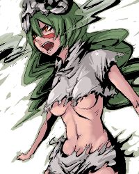 Rule 34 | 00s, 1girl, angry, arrancar, bleach, breasts, facial mark, green hair, hollow (bleach), long hair, lowres, nelliel tu odelschwanck, number tattoo, oekaki, revealing clothes, skull, solo, tattoo, torn clothes, underboob, z-ton