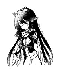 Rule 34 | 1girl, animal ears, arknights, armband, arms behind back, blush, cat ears, commentary, criss-cross halter, cropped torso, dress, greyscale, hair between eyes, halftone, halterneck, jacket, long hair, looking at viewer, material growth, melantha (arknights), monochrome, open clothes, open jacket, oripathy lesion (arknights), simple background, sketch, solo, twitter username, upper body, white background, yom (ymayma00ss)