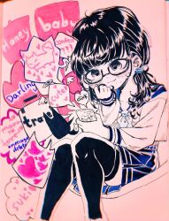 Rule 34 | 1girl, ?, ??, angel wings, black-framed eyewear, black cat, black eyes, black hair, black thighhighs, blue sailor collar, blue skirt, blunt bangs, blush, cat, cellphone, chibi, clenched hand, commentary, crossed out, double bun, drawing, english text, feet out of frame, flustered, fox, glasses, hair bun, hair over shoulder, hair tie, halo, hand on own cheek, hand on own face, head only, heart, highres, holding, holding hair, holding phone, limited palette, long hair, long sleeves, looking at phone, mini wings, neckerchief, original, phone, pink background, pleated skirt, ponytail, ray5green, romaji text, sailor collar, school uniform, semi-rimless eyewear, serafuku, sitting, skirt, sleeve cuffs, smartphone, smartphone case, solo, sound effects, speech bubble, thighhighs, traditional media, under-rim eyewear, wavy mouth, white serafuku, white stripes, wings