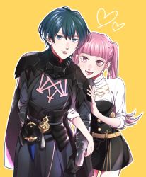 Rule 34 | 1boy, 1girl, blue eyes, blue hair, byleth (fire emblem), byleth (male) (fire emblem), couple, dagger, fire emblem, fire emblem: three houses, garreg mach monastery uniform, gloves, heart, highres, hilda valentine goneril, holding, kmfe 127, knife, matching hair/eyes, nintendo, open mouth, pink eyes, pink hair, simple background, smile, twintails, weapon, yellow background