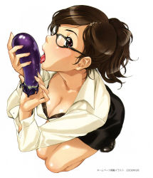 Rule 34 | 00s, 1girl, 2006, artbook, blush, bra, breasts, brown eyes, brown hair, cleavage, dress shirt, eggplant, fingernails, glasses, happoubi jin, highres, large breasts, licking, lingerie, lips, original, pencil skirt, ponytail, saliva, scan, sexually suggestive, shirt, skirt, solo, squatting, tongue, underwear
