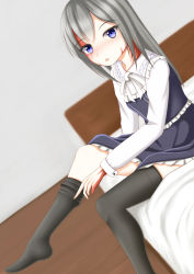 Rule 34 | 1girl, bed, black hair, black thighhighs, blush, burn scar, dorei to no seikatsu ~teaching feeling~, highres, long hair, long sleeves, looking at viewer, on bed, open mouth, purple eyes, robu (ms08bb), scar, sitting, skirt, skirt set, solo, sylvie (dorei to no seikatsu), thighhighs, thighhighs pull, undressing