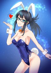 Rule 34 | 1girl, animal ears, bare legs, blue background, blue eyes, blue leotard, bow, bowtie, breasts, cleavage, commentary request, covered erect nipples, cowboy shot, detached collar, glasses, granblue fantasy, grin, highleg, highleg leotard, highres, illnott, leotard, long hair, medium breasts, orange bow, orange bowtie, playboy bunny, ponytail, rabbit ears, rabbit tail, side-tie leotard, smile, solo, strapless, strapless leotard, tail, wangxiang qingnian, wrist cuffs