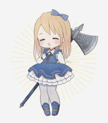Rule 34 | 1girl, :d, axe, ayu (mog), battle axe, blonde hair, blue bow, blue dress, blue footwear, blush, bow, commentary, dress, english commentary, closed eyes, facing viewer, frilled dress, frills, full body, grey pantyhose, hair bow, hand up, hiding, holding, holding weapon, long hair, mixed-language commentary, open mouth, original, pantyhose, signature, smile, solo, standing, weapon