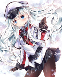 Rule 34 | 1girl, :o, alternate hairstyle, anchor, arm at side, black gloves, black necktie, black skirt, blue ribbon, blush, contrapposto, cosplay, cross, ears visible through hair, gloves, graf zeppelin (kancolle), graf zeppelin (kancolle) (cosplay), hair between eyes, hat, hibiki (kancolle), iron cross, kantai collection, long hair, long sleeves, looking at viewer, miniskirt, necktie, nogi takayoshi, pantyhose, parted lips, peaked cap, petals, ribbon, shatter, shirt, sidelocks, silver hair, skirt, sleeve cuffs, solo, sparkle, standing, tareme, twintails, very long hair, white hat, white shirt