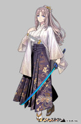 Rule 34 | 1girl, blue eyes, brown footwear, brown hair, company name, copyright name, floral print, full body, grey background, hakama, hakama skirt, holding, holding sword, holding weapon, japanese clothes, katana, long hair, long sleeves, looking at viewer, official art, pom pom (clothes), ponytail, pota (bluegutty), reki connect, sandals, sheath, sheathed, simple background, skirt, smile, standing, sword, tabi, tachi-e, watermark, weapon, white footwear, wide sleeves