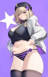 Rule 34 | 1girl, aa-12 (girls&#039; frontline), absurdres, ahoge, beret, blonde hair, blue eyes, blunt bangs, breasts, commentary, commission, english commentary, girls&#039; frontline, hands on own stomach, hat, highres, hood, hoodie, large breasts, navel, panties, pixiv commission, plump, shio05 (05 sio), skindentation, solo, striped clothes, striped panties, thick thighs, thighhighs, thighs, underwear
