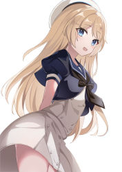 Rule 34 | 1girl, absurdres, blonde hair, blue eyes, blue sailor collar, blush, cowboy shot, dress, fathom, hat, highres, jervis (kancolle), kantai collection, long hair, open mouth, puffy short sleeves, puffy sleeves, sailor collar, sailor dress, sailor hat, short sleeves, simple background, smile, solo, white background, white dress, white hat