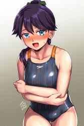 Rule 34 | 1girl, artist logo, black hair, black one-piece swimsuit, blue eyes, blush, collarbone, commentary request, competition swimsuit, cowboy shot, dated, embarrassed, gradient background, grey background, grey one-piece swimsuit, highres, houshou (kancolle), kantai collection, leaning forward, logo, long hair, nose blush, one-piece swimsuit, solo, speedo (company), striped clothes, striped one-piece swimsuit, swimsuit, thigh gap, yellow quokka