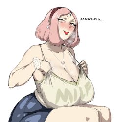 Rule 34 | ..., 1girl, blush, bracelet, breasts, breasts on lap, cleavage, clothes, clothes grab, ear piercing, english text, facial mark, female focus, green eyes, haruno sakura, headband, highres, huge breasts, jewelry, looking at viewer, naruto (series), naruto shippuuden, one eye closed, piercing, pink hair, short hair, simple background, sitting, solo, ultivlad, white background