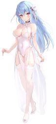 Rule 34 | 1girl, absurdres, bare shoulders, blue hair, breasts, cleavage, collar, covered navel, criss-cross halter, elf, full body, garter straps, hair between eyes, hair ribbon, haishiki, halterneck, highres, large breasts, leotard, looking at viewer, non-web source, original, pink eyes, pointy ears, revealing clothes, ribbon, sidelocks, simple background, skin tight, skindentation, skirt, slave, solo, standing, thick thighs, thighhighs, thighs, white background, white leotard, white skirt, white thighhighs