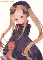 Rule 34 | 1girl, abigail williams (fate), alternate hairstyle, black bow, black dress, black hat, blonde hair, blue eyes, blush, bow, breasts, closed mouth, dress, fate/grand order, fate (series), forehead, hair bow, hat, long hair, looking at viewer, multiple bows, orange bow, parted bangs, polka dot, polka dot bow, ribbed dress, sidelocks, simple background, sleeves past fingers, sleeves past wrists, small breasts, smile, solo, stuffed animal, stuffed toy, suzuho hotaru, teddy bear, twintails, white background