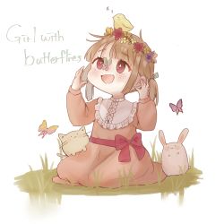 Rule 34 | 1girl, animal, animal on head, bird, blush, bow, brown hair, bug, butterfly, butterfly on nose, chibi, flower, frills, grass, highres, insect, long hair, on head, open mouth, original, pink flower, purple eyes, purple flower, rabbit, red bow, red flower, shano-pirika, simple background, sleeping, smile, tongue, twintails, yellow flower, zzz