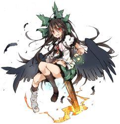 Rule 34 | 1girl, :d, arm cannon, asymmetrical footwear, bird wings, black hair, black wings, blouse, blush, bow, cape, frilled skirt, frilled sleeves, frills, full body, green bow, green skirt, groin, hair bow, long hair, looking at viewer, miniskirt, mismatched footwear, navel, open mouth, puffy short sleeves, puffy sleeves, red eyes, reiuji utsuho, shirt, short sleeves, skirt, smile, solo, third eye, touhou, toutenkou, weapon, white shirt, wind, wind lift, wings