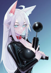 Rule 34 | 1girl, animal ears, between breasts, black bodysuit, blue background, blue eyes, blush, bodysuit, breasts, catsuit, cleavage, collar, collarbone, cowlick, extra ears, fox ears, from side, hair behind ear, highres, holding, masuo, pointy ears, red collar, sex toy, smile, solo, v-shaped eyebrows, vei (vtuber), vei (vtuber) (5th costume), vibrator, virtual youtuber, vshojo