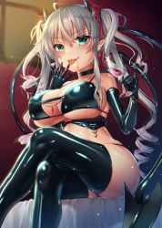 Rule 34 | &gt;:p, 1girl, ahoge, aqua eyes, bdsm, black panties, black thighhighs, bondage, boots, bound, breasts, choker, cleavage, commentary request, crossed legs, cup, demon girl, demon tail, drinking glass, earrings, elbow gloves, elf, fangs, from below, gem, gloves, grey hair, hair between eyes, hair ribbon, hairband, hand to own mouth, highres, holding, holding cup, horns, indoors, jewelry, keita (tundereyuina), large breasts, latex, latex boots, latex bra, latex choker, latex gloves, latex legwear, long hair, looking at viewer, moonlight, on bed, original, ornament, panties, pantyshot, pinky out, pointy ears, red hairband, ribbon, shiny clothes, shiny skin, silver hair, sitting, skin tight, skindentation, solo, tagme, tail, thighhighs, thighs, underwear, very long hair, wavy hair, wide hips, wine glass